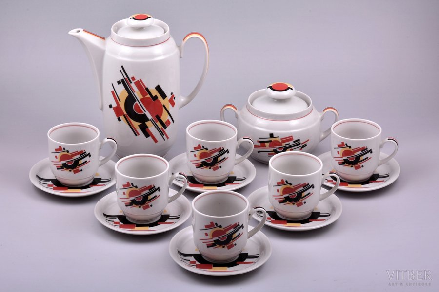 service, "Constructivism", for 6 persons (14 items), porcelain, Minsk porcelain and faience factory, USSR, 1968-1983, saucer Ø11.8 cm, cup height 6.6 cm, teapot height 19.7 cm