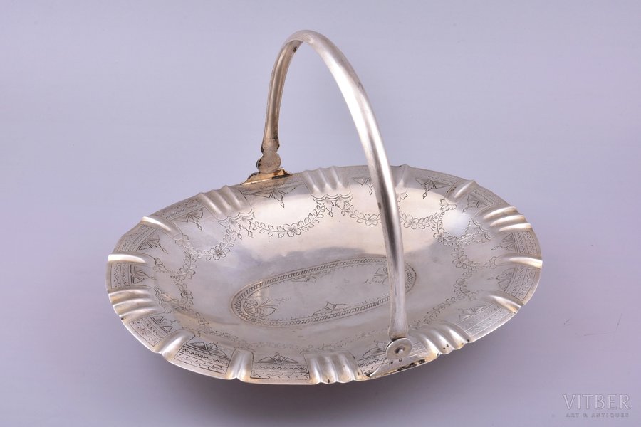 biscuit tray, silver, 84 standard, 391.20 g, engraving, 28.2 x 20.5 cm, h (with handle) 20 cm, by Ilya Shchetinin, 1892-1900, Moscow, Russia