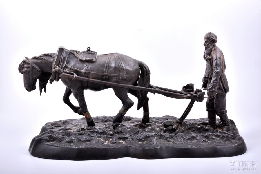 figurative composition, "Count Tolstoy Plowing", model by sculptor Solovyova Anna Andreevna, cast iron, 25.5 x 49 x 23 cm, weight 9500 g., Russia, Kasli, 1906, moulder I. Kozlov; defects: horse's legs and screw on the boot is missing, missing horse's and plow's harness, missing handles of plow, missing handle of spade