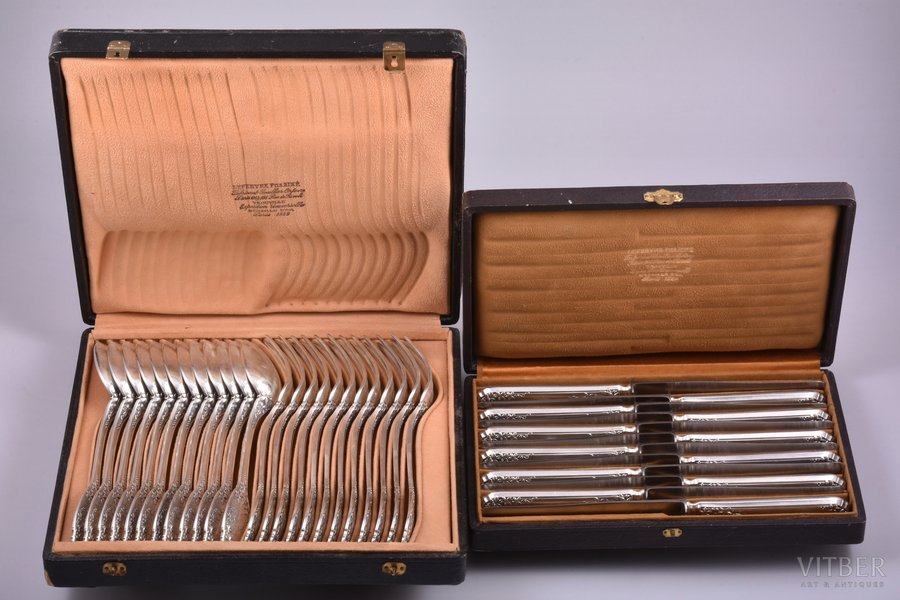 flatware set of 36 items: 12 knives, 12 spoons, 12 forks, silver, 950 standart, metal, spoons+forks 2002.2 g, knives (total weight) 762.3g, France, 21.7 - 25.2 cm, in two boxes