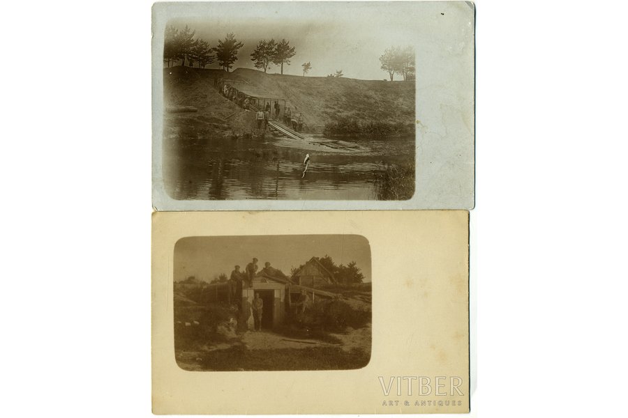 photography, 2 pcs., army, dugout and crossing, Russia, beginning of 20th cent., 13,8x8,8, 14x9 cm
