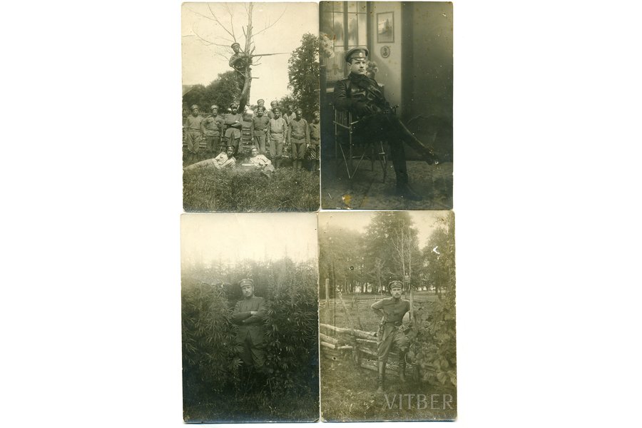 фотография, 4 шт., офицер с подчиненными солдатами, Российская империя, начало 20-го века, 13,8x8,8 см