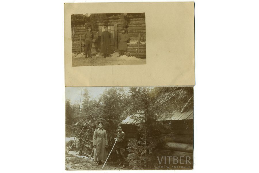 фотография, 2 шт., офицеры у землянок на фронте, Российская империя, начало 20-го века, 13,8x8,8 см