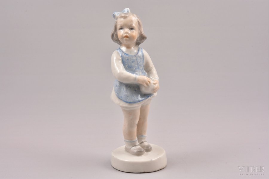 figurine, "A Girl with a Ball", porcelain, Riga (Latvia), USSR, sculpture's work, Riga porcelain factory, molder - Leja Novozeneca, the 50ies of 20th cent., 11 cm, exhibition piece with inventory number