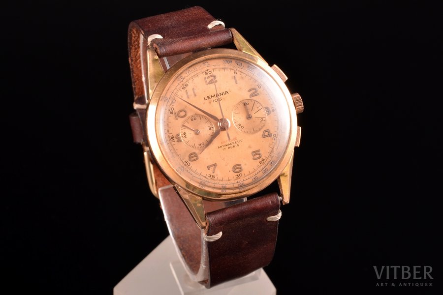 chronometer, "Lemania", Switzerland, gold, 750, 18 K standart, total weight of item without strap 35 g, 4.6 x 4 cm, in order