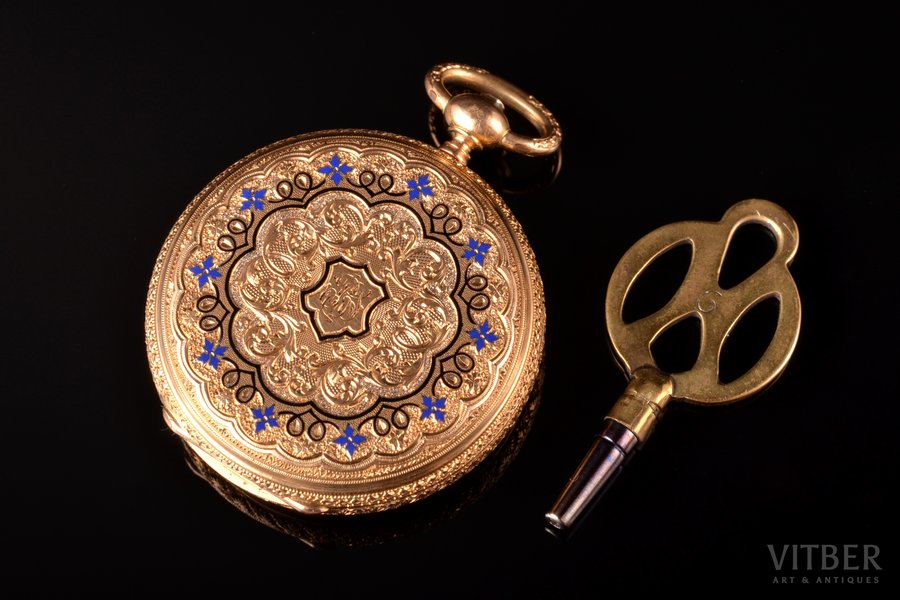 kabatas pulkstenis, zelts, emalja, 18 K prove, 22.29 g, 4 x 2.95 cm, Ø 29.5 mm, ar atslēgu, darba kārtībā