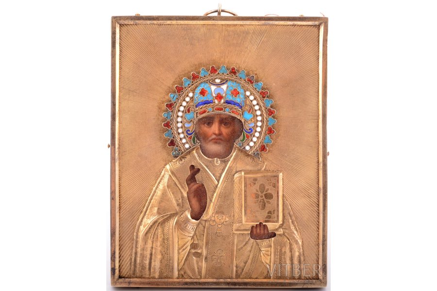ikona, Svētais Nikolajs Brīnumdarītājs, dēlis, sudrabs, gleznojums, zeltījums, starpsienu emalja, 84 prove, Krievijas impērija, 19. un 20. gadsimtu robeža, 11.1 x 8.9 x 1.2 cm