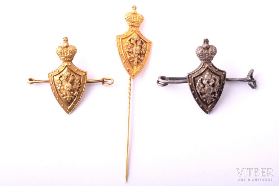 set of 3 miniature badges, Imperial Philanthropic Society for Vocational Education of Poor Children, silver, gold, Russia, beginning of 20th cent., 23.2 x 12 mm, total weight 5.40 g = 1.08 g (gold) + 1.11 g (gold) + 3.21 g (silver)