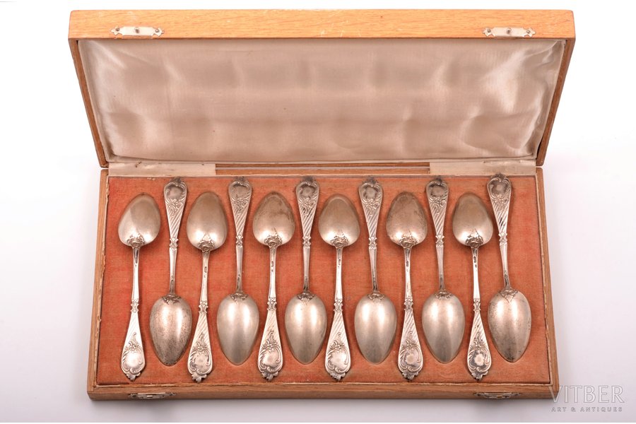 set of 12 spoons, silver, 84 standart, 1908-1917, 405.65 g, by Gutav Klingert, Moscow, Russia, 14.3 cm, in a wooden box