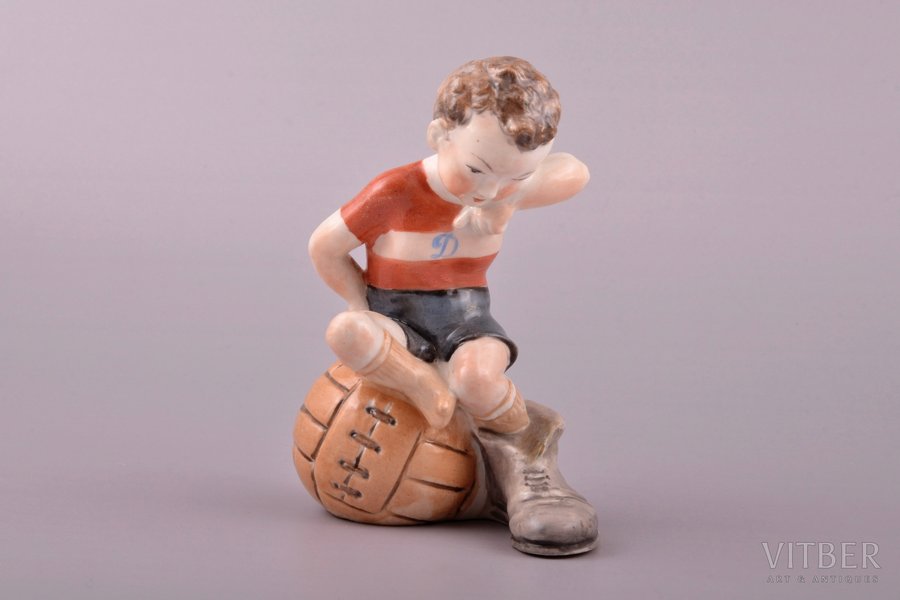figurine, Football player sitting on the ball (small edition), porcelain, Riga (Latvia), USSR, Riga porcelain factory, the 50ies of 20th cent., 11.6 cm