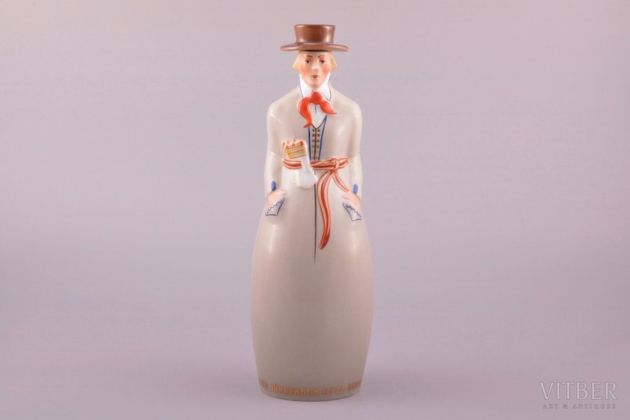 figurine, liqueur bottle, Man in traditional costume, "A/S Ch. Jürgenson - Otto Schwarz", porcelain, Riga (Latvia), J.K.Jessen manufactory, hand-painted, the 30-40ties of 20th cent., 25.3 cm