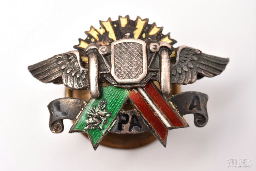 badge, LPAA, Latvian Professional Drivers' Association, silver, Latvia, the 30ies of 20th cent., 21.4 x 32.4 mm