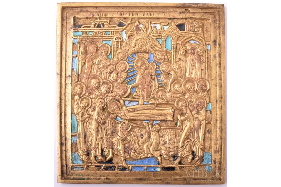 icon, Dormition of the Mother of God, copper alloy, 4-color enamel, Russia, the border of the 19th and the 20th centuries, 9.9 x 9.2 x 0.5 cm, 226.55 g.