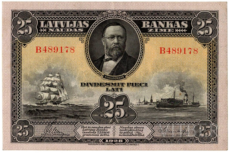 25 lati, banknote, 1928 g., Latvija, XF