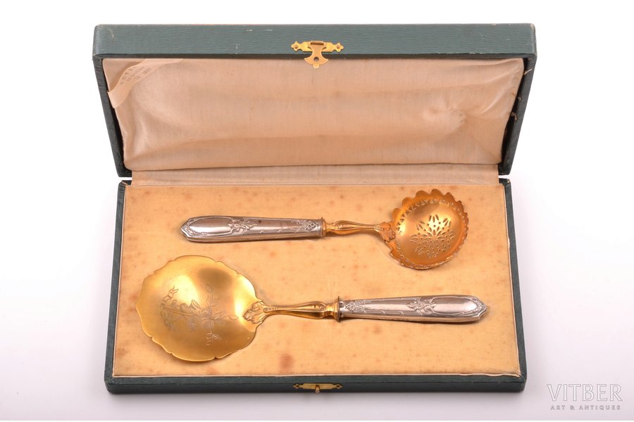 flatware set of 2 items, silver, 950 standart, metal, total weight of items 167.20g, France, 19.8 - 23.3 cm, in a box