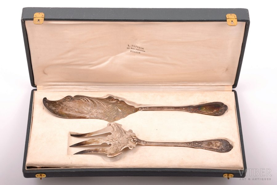 flatware set of 2 items, silver, 950 standart, engraving, 230.15 g, France, 24 - 28.2 cm, in a box