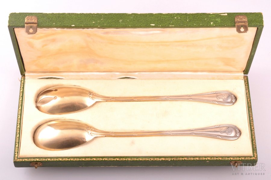 salad serving set of 2 items, silver, 950 standard, 203.30 g, 26.3 - 26.4 cm, France, in a box