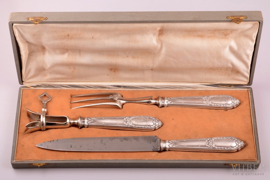 meat carving set of 3 items, metal / silver, 950 standart, total weight of items 369.15g, France, 21.7 - 32.4 cm, in a box