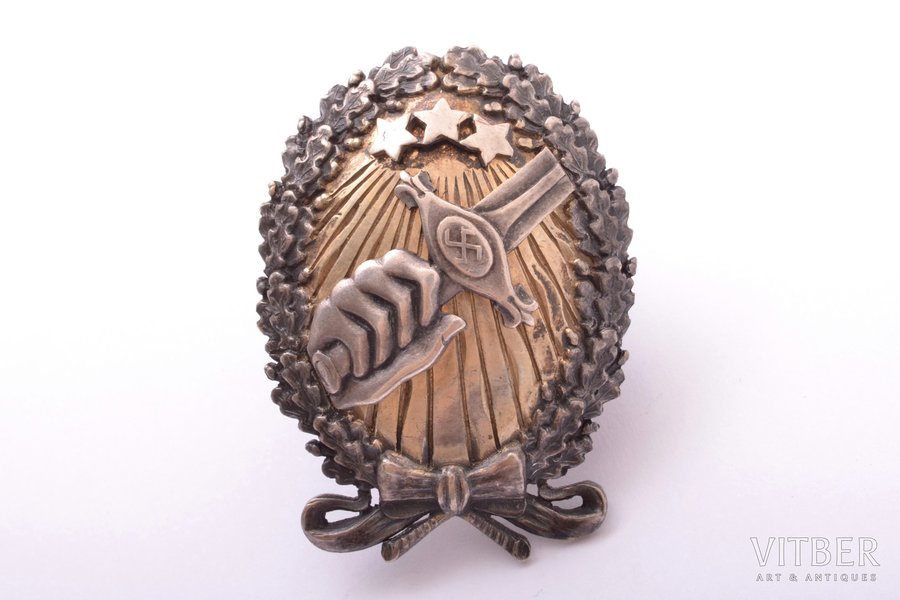 badge, Defence Society, silver, Latvia, 20-30ies of 20th cent., 45.4 x 34 mm, 16.25 g, by W. Gassner