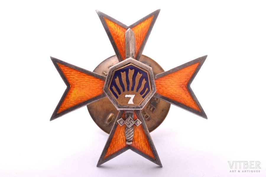 badge, 7th Sigulda infantry regiment (3rd variation), silver, 875 standard, Latvia, 20-30ies of 20th cent., 47.7 x 47.6 mm, 22.97 g, "S. Bercs" firm