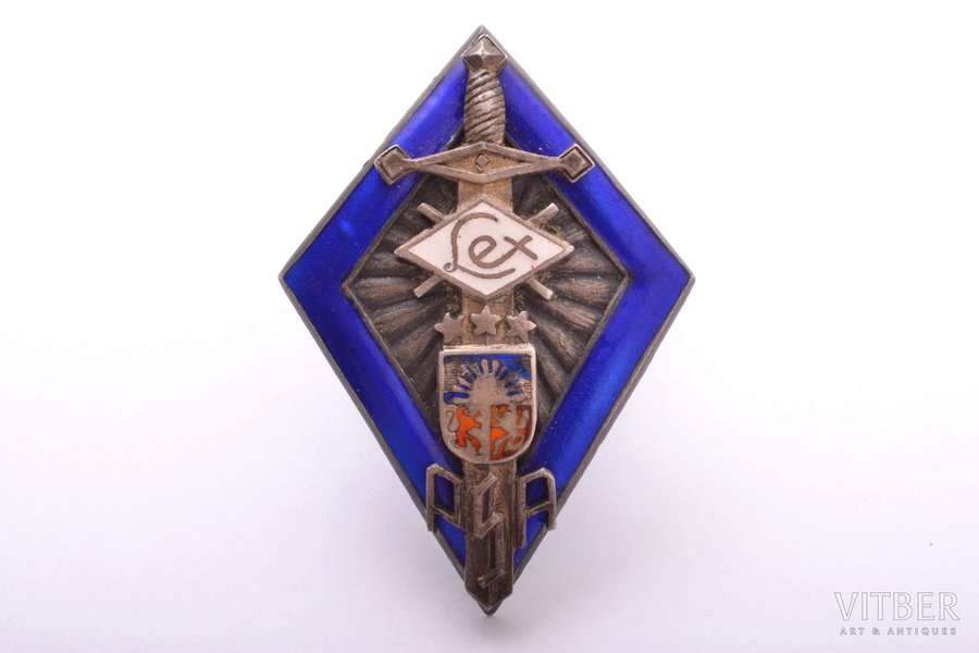 badge, Lex (PSA), Latvia, 20-30ies of 20th cent., 48.1 x 34 mm, enamel chips on the coat of arms