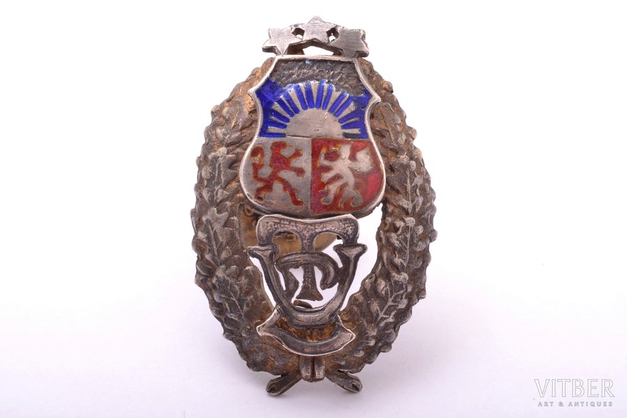 badge, the State Technical college Latvia, silver, Latvia, 20-30ies of 20th cent., 42 x 27.5 mm, 9.63 g, enamel chip