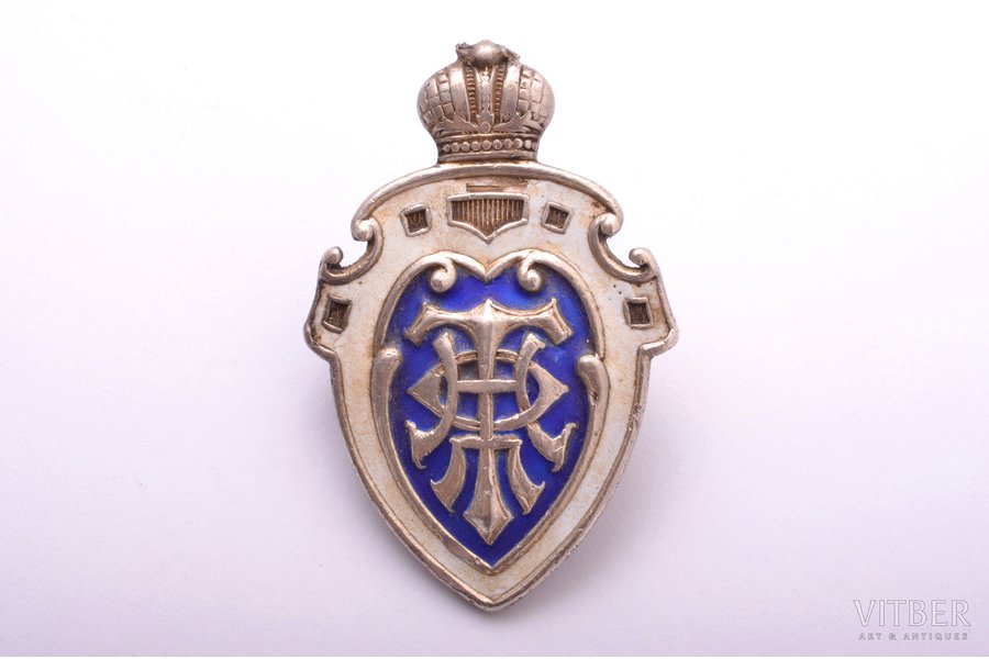 jetton, charitable organization, Committee of the Grand Duchess Tatyana Nikolaevna for temporary assistance to victims of hostilities (Tatyana Committee), silver, Russia, beginning of 20th cent., 44.5 x 29.5 mm, 18.30 g, small enamel defects