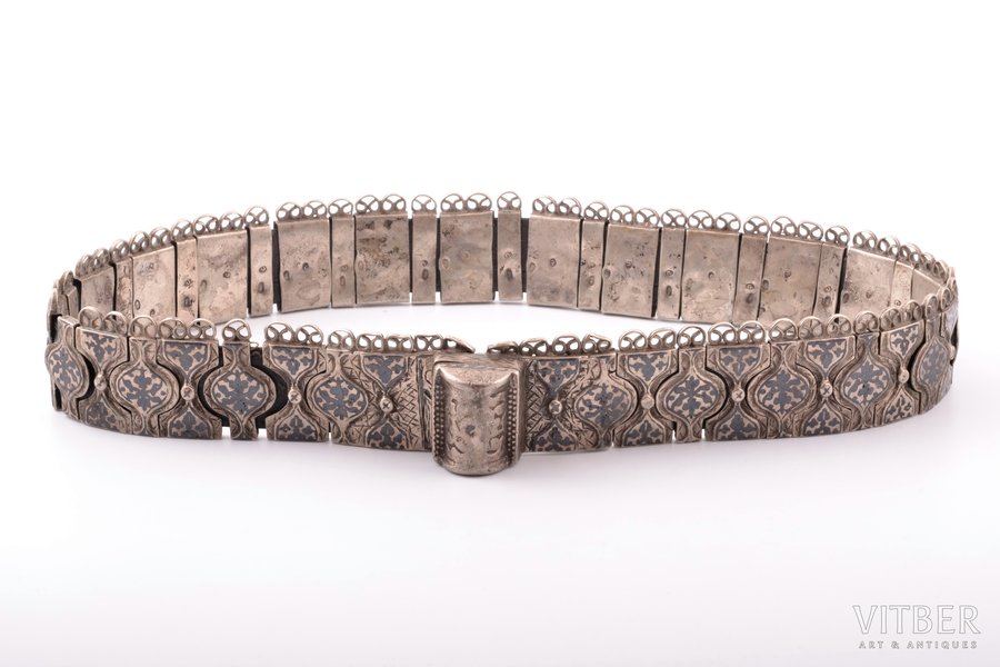 a belt, silver, "Caucasus", 84 standard, total weight of item 611.55, engraving, niello enamel, 76.5 cm, 1908-1917, Russia