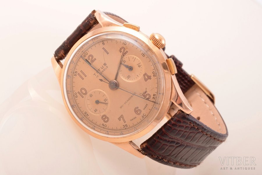 наручные часы, "Titus", хронограф, Швейцария, золото, 750, 18 K проба, общий вес изделия без ремешка 39.01 г, 4.5 x 4 см, Ø 37 мм