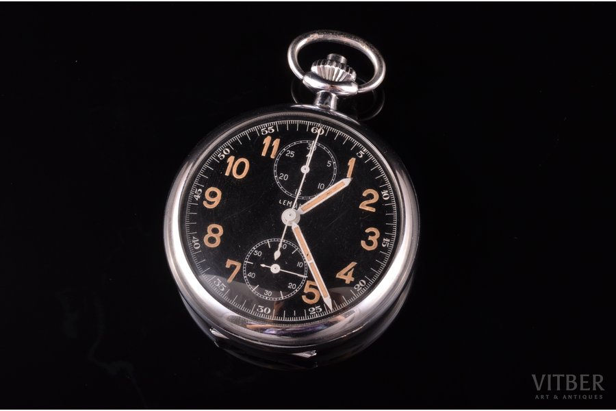 pocket watch, "Lemania", chronograph, the 30-40ties of 20th cent., steel, 94.65 g, 6.1 x 5 cm, Ø 50 mm, in order