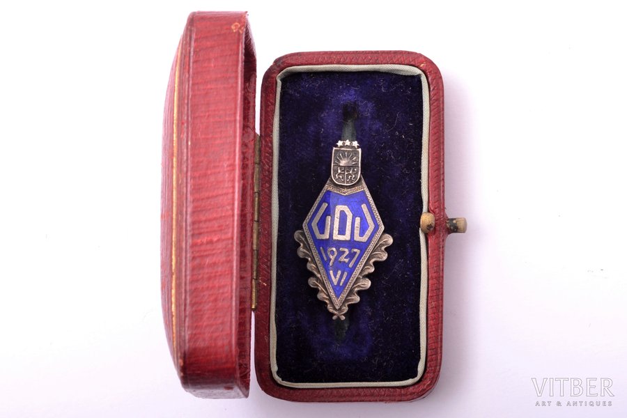 school badge, GDV, VI graduation, silver, Latvia, 1927, 32.8 x 18.3 mm, in a box