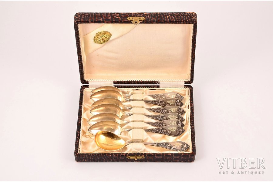 set of teaspoons, silver, 6 + 1 pcs., "Poppies", art nouveau, 875 standard, 189.20 g, gilding, 14 / 13.7 cm, H. Bank's workshop, the 20-30ties of 20th cent., Latvia, ina box