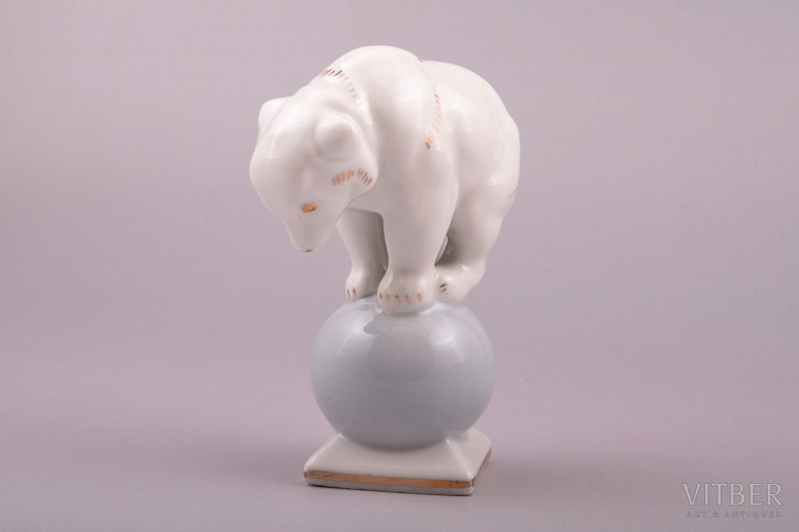 figurine, Bear on ball, porcelain, Riga (Latvia), Riga porcelain factory, the 60ies of 20th cent., 11 cm, first grade