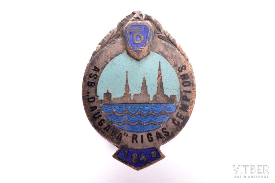 badge, Sports Society "Daugava", Champion of Riga, Latvia, USSR, 1949, 28.6 x 20 mm