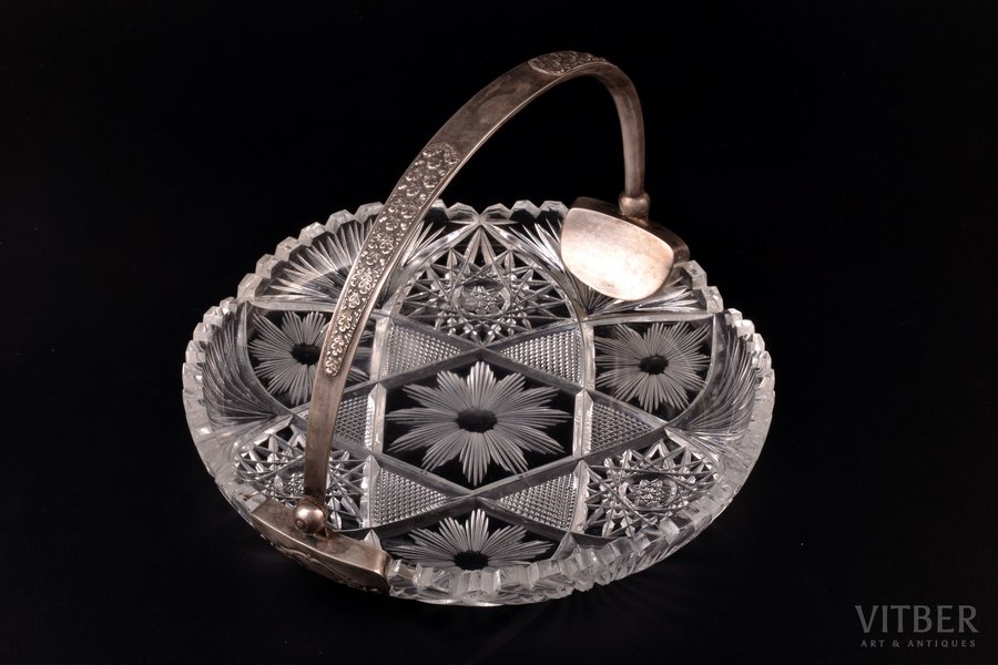 candy-bowl, silver, 875 standard, crystal, Ø 20.7 cm, h (with handle) 14.5 cm, the 20-30ties of 20th cent., Latvia