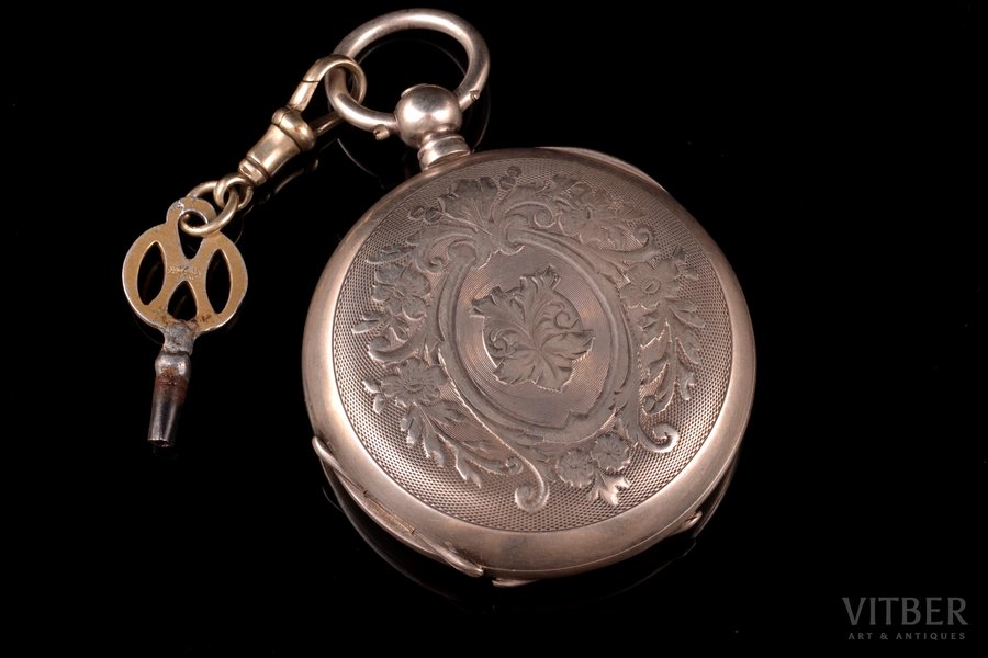 pocket watch, "Ludwig Rosenthal", Riga, Borel mechanism, Russia, Switzerland, silver, 84, 875 standart, 102.25 g, 6.2 x 5.2 cm, Ø 52 mm, with key