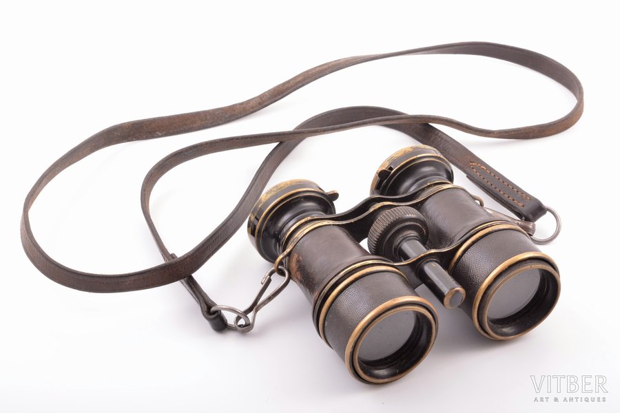 binoculars, E. Kraus, Saint Petersburg, World War I, metal, leather, Russia, the beginning of the 20th cent., 10.5 x 10.7 x 4.5 cm, small defects of leather details