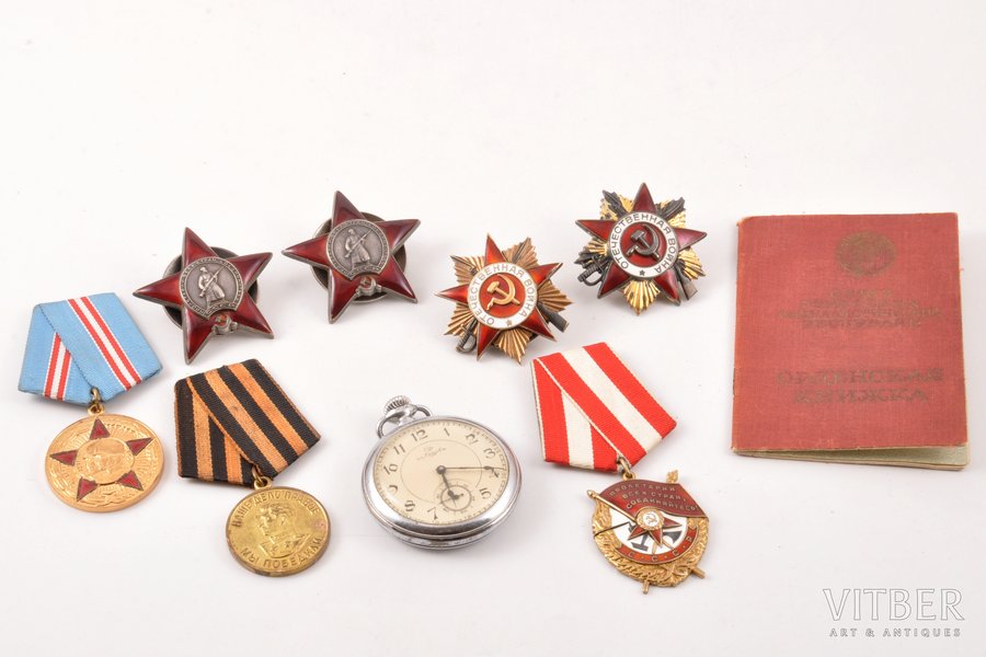 set of awards with certificate, 2 Orders of the Patriotic War (Nº 146497, 1st class, Nº 1298152, anniversary awarding); 2 Orders of the Red Star (Nº 2259930, Nº 1937857), the Order of the Red Banner Nº 372921, medal 50 years of the Armed Forces of the USSR, medal For victory over Germany, reward pocket watch, with a document, USSR, 1944, 1968, enamel chips (the Orders of the Red Star), 10, 7 and 2 o'clock