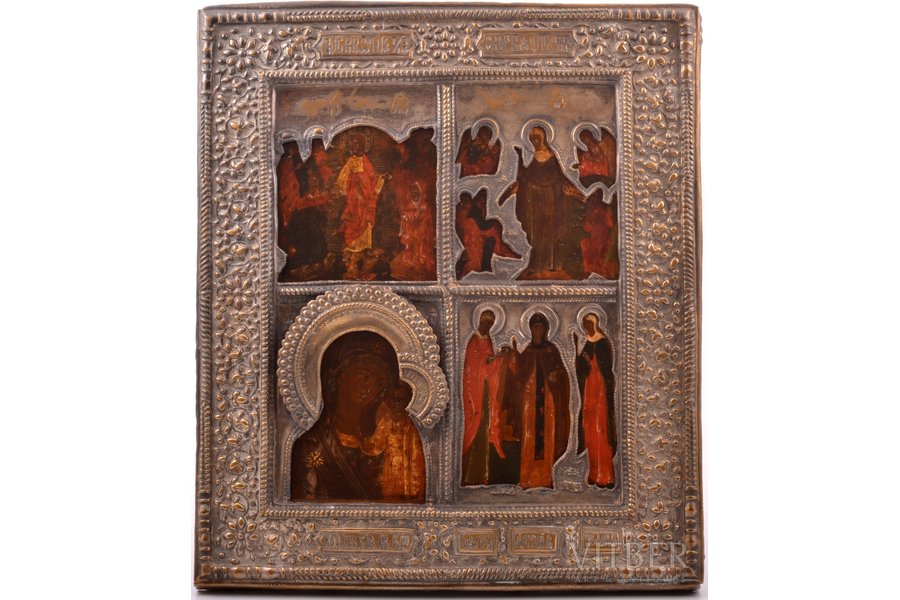 four-part icon, The Resurrection of Christ, Mother of God Joy of All Who Sorrow, Mother-of-God of Kazan, Saints Paraskeva, Xenia, Pelageya, board, painting, silvering, brass, Russia, the middle of the 19th cent., 31.4 x 26.2 x 3 cm, with certificate