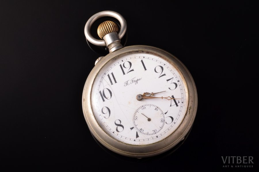 pocket watch, "Paul Buhre", Russia, metal, 7.3 x 5.75 cm, Ø 57.5 mm, cracks on the dial