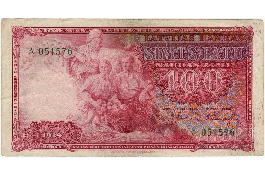 100 latu, banknote, 1939 g., Latvija, XF