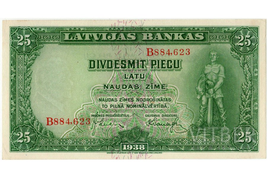 25 lati, banknote, 1938 g., Latvija, UNC