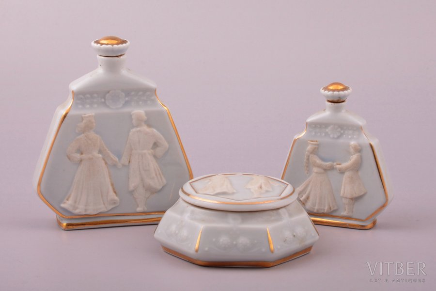 perfume set, 3 items, porcelain, Rīga porcelain factory, model by Zina Ulste, Riga (Latvia), 1956-1970, h (perfume bottles) 9.5 / 7.1 cm, case Ø 7.7 cm, first grade