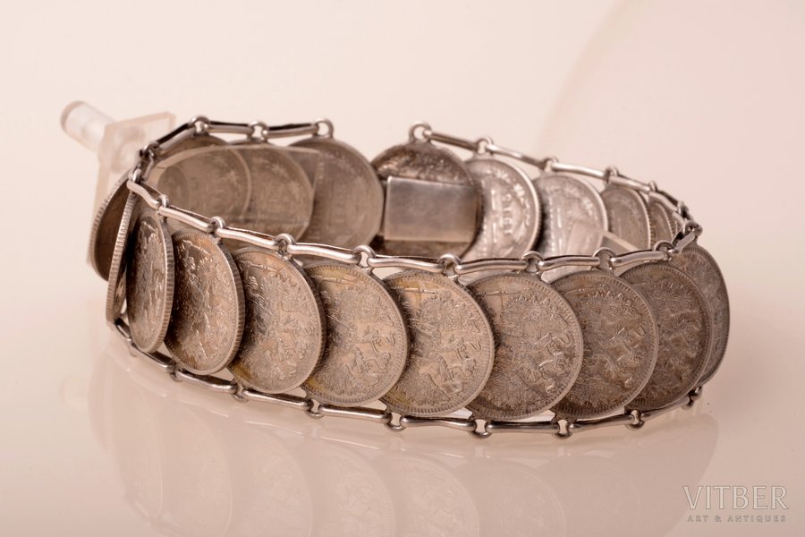 aproce, no 15 kapeiku monētām (1908-1915), sudraba billons (500), 61.40 g., Krievijas impērija, rokassprādzes garums 23 cm