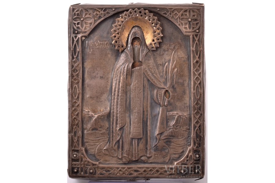 icon, Saint Anthony of Rome, board, silver, painting, 84 standard, Russia, 1876, 11.2 x 8.8 x 1.4 cm, oklad weight 31.10 g