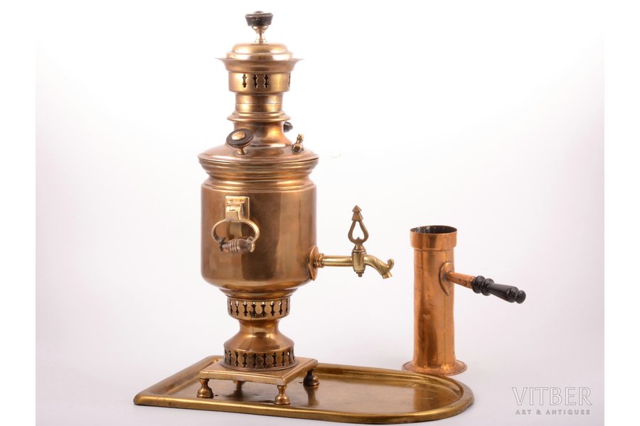 miniature samovar with tray and pipe, volume - a little more than 0.5 l, 39.5 cm, weight (without tray and pipe) 2050 g, Samovar does not leak. Water trickles out from under the valve