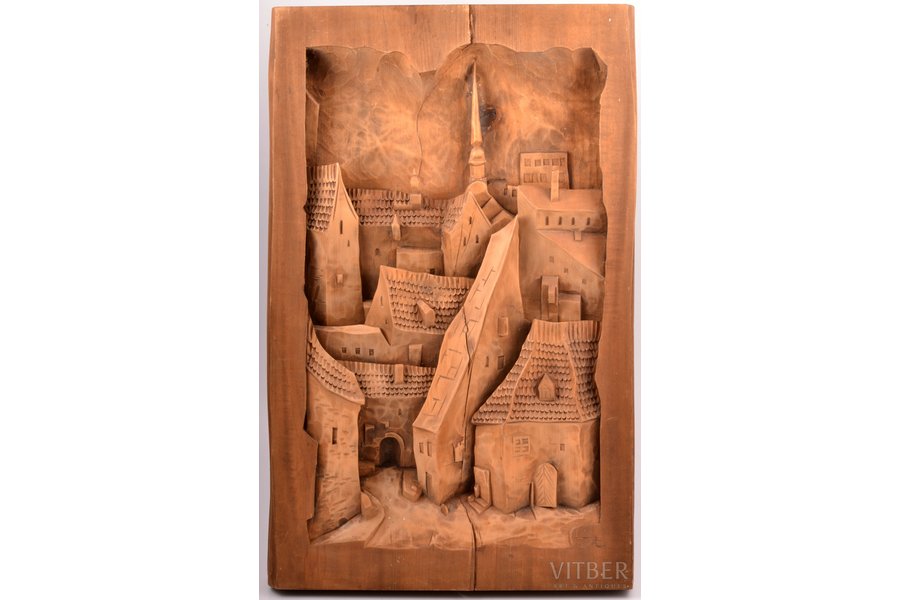 wall decor, "Old Riga", wood carving, wood, Latvia, USSR, the 50-60ies of 20th cent., 50.5  x 31.3 x 4.5 cm