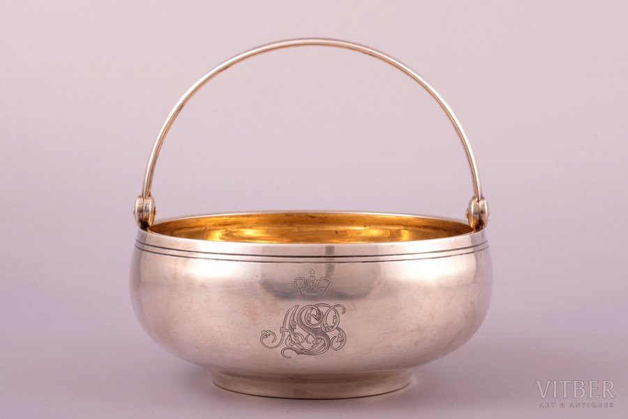 sugar-bowl, silver, 84 standard, 215.05 g, gilding, Ø 12.3 cm, h (with handle) 11.9 cm, Iganty Sazikov's firm "Sazikov", 1880, Moscow, Russia