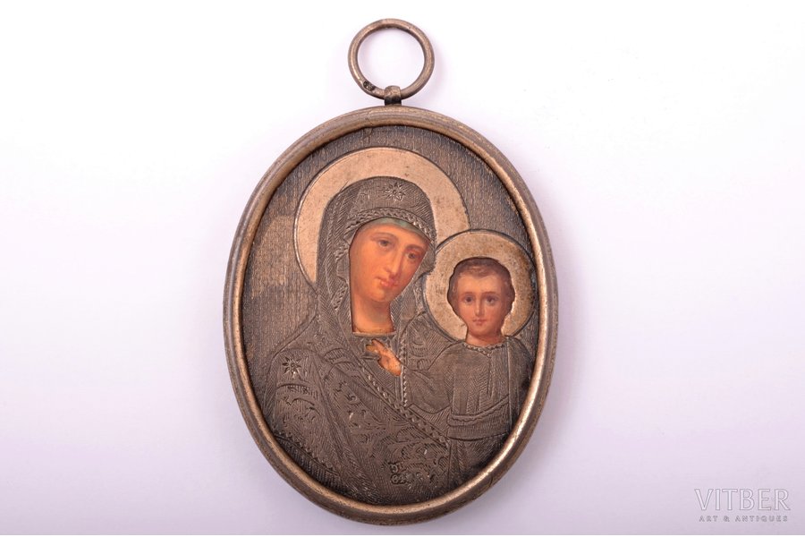 icon, Mother of God, board, silver, painting, guilding, 84 standard, by Pavel Sazikov, Russia, 1880-1890, 7.1 x 5.4 x 0.4 cm
