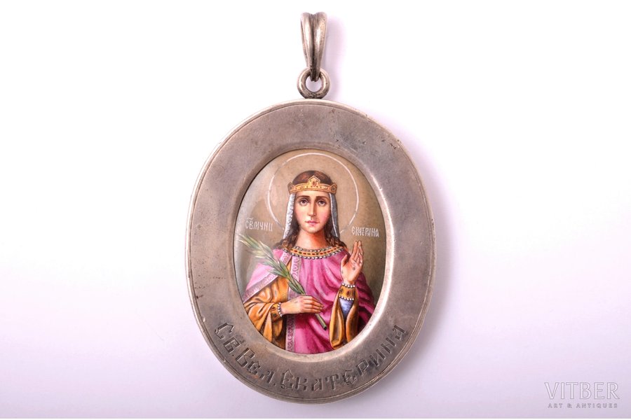 icon, The Great Martyr Saint Catherine, with inscription "School of the Order of The Great Martyr St. Catherine", silver, enamel, 84 standard, Alexander Sem. Uzikov's workshop, Russia, 1896-1907, 7.5 x 5.6 x 0.9 cm, total weight 79.65 g.
